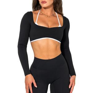 Women Backless Long Sleeve Workout Tops Gym Shirt Athletic Clothes Built in Bra Open Back Crop Top Yoga Sport Halter (Medium, Black White)