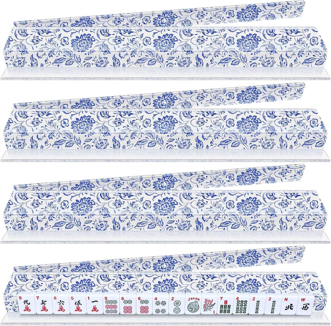 4 Pack Magnetic Chinoiserie Mahjong Tile Racks with Removable Acrylic Pushers, 18.5 Inch Length American Mahjong Racks Holders with Pattern, Fits All Tile Sets (Blue Floral)