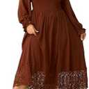 SHESTARR Women's Plus Size Maxi Dress Long Sleeve Square Neck Smocked Flowy A-Line Lace Trim Wedding Guest Dresses 3XL