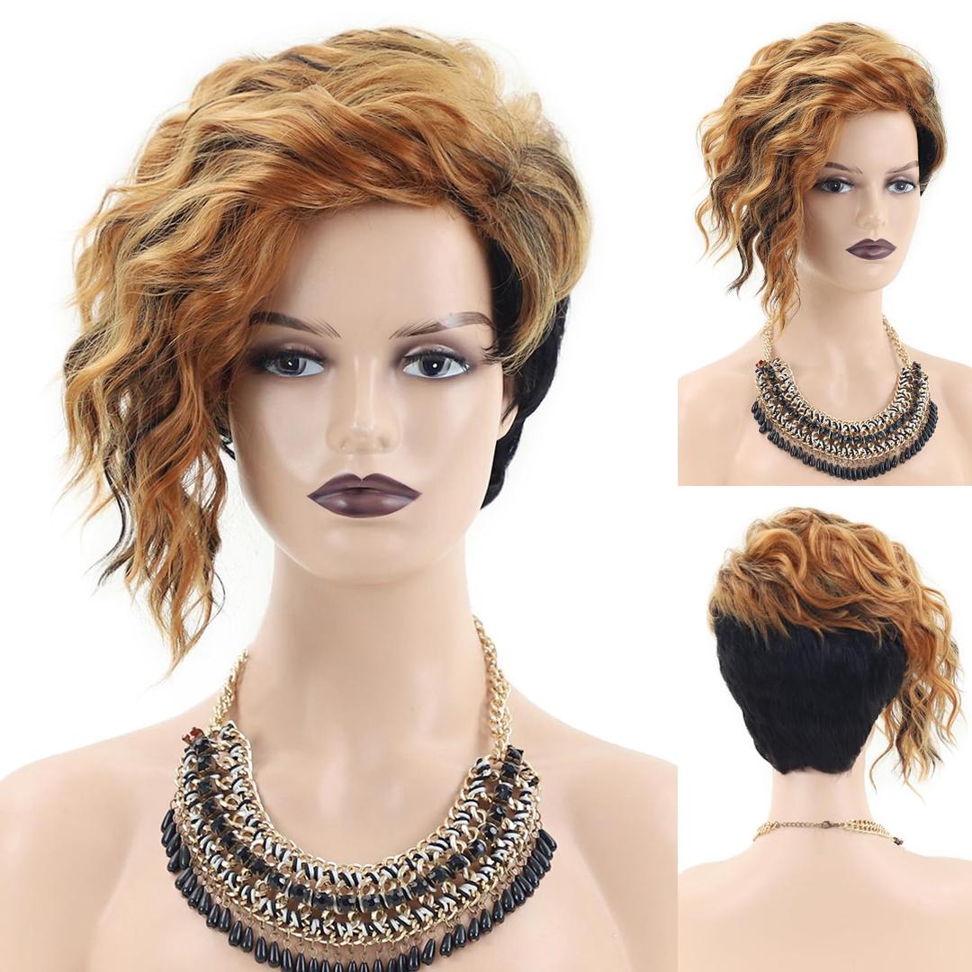SEVENCOLORS Short Mixed Blonde Wavy Wigs for Black Women Natural Hair Pixie Cut Wigs Synthetic Black Blonde Short Curly Wig with Side Bangs