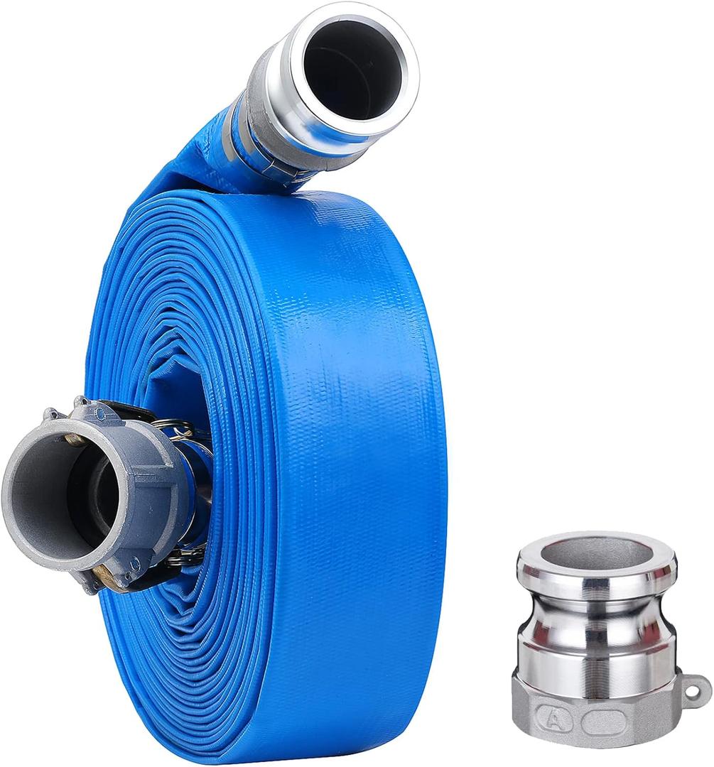 2" x 100ft PVC Lay Flat Discharge Hose With Aluminum Camlock C & E Fittings, Cam Lock Fitting Type A included, Heavy Duty Reinforced Pump Backwash Hose Assembly