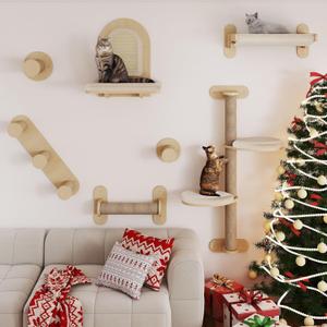 BYBYME 7Pcs Cat Wall Shelves, Solid Wood Indoor Cat Tree, Multi-Levels, Sturdy Wooden Wall Mounted Climbing Frames with Scratching Posts, Kitten Platform and BedNatural Wood