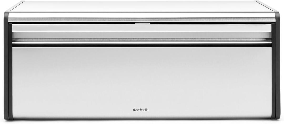 Brabantia Rectangular Fall Front Bread Box | Matt Steel | Large Metal Front Opening Bread Store for Kitchen Countertop | Flat Top for Extra Storage, Magnet Closing Lid | Fits 2 Loaves
