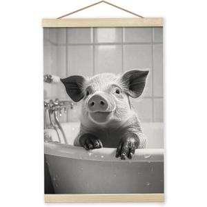 Giosve Pig Funny Wall Art Framed Decor, 12x16 inch, Funny Pig Poster Wall Art, Funny Canvas Prints Wall Art, Funny Pig Wooden Frames Poster Hanging Wall Art Decor for Bathroom