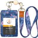 Teskyer Retractable Lanyard with ID Badge Holder, Stylish Pattern Lanyard Wallet, 4 Card Slots Zipper Pocket Badge Holder Women & Girls, Blue Flowers
