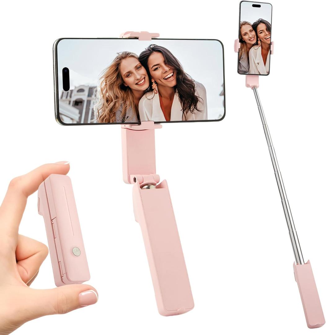 MQOUNY Phone Tripod, Portable Selfie Stick with Remote,Pocket Size Selfie Stick for iphoneMini Travel Compact Phones Selfie Sticks with Phone Holder for Content Creation/Vlog/Video Record/Live Stream (Pink)