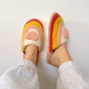 MIA Color Block Heart Decor Fuzzy Bedroom Slippers Cute Warm Fuzzy Plush Multicolor Preppy Striped Women Indoor Slippers 9 size
