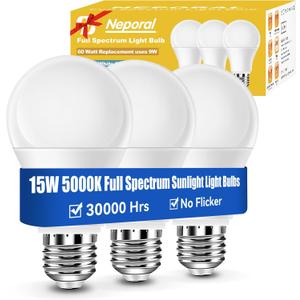 Neporal 15W Full Spectrum Light Bulb, 5000K UV-Free Natural Sunlight Bulbs, 15W 100W Equivalent LED Light Bulb, CRI 90+, No Flicker,1200Lumen Daylight Sun Lamp for Home & Office,3PK