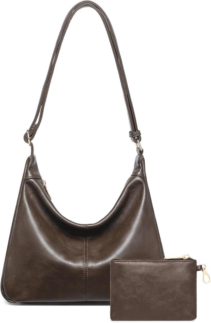 2PCS Purses for Women, Soft Vegan Leather Hobo Bag Slouchy Crossbody Shoulder Handbag Fall Brown Tote 2025 (Large)