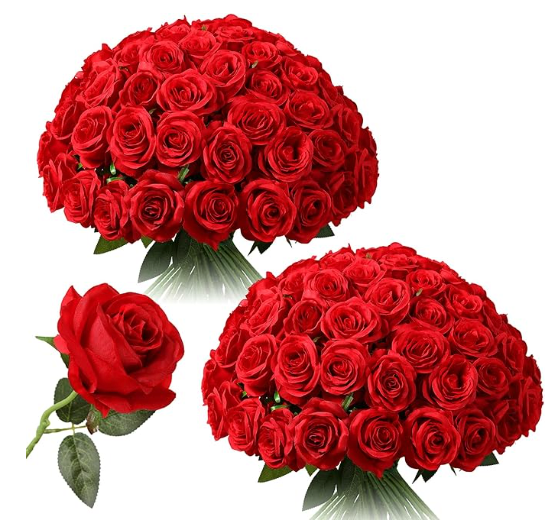  Red Roses, Fake Silk Roses Bouquet for Wedding Centerpiece Table Party Home Kitchen Decor