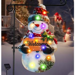 Amadecohome Lighted Christmas Garden Flag 22x13, 8 Modes Double Sided Solar Christmas Decorations Outdoor LED Navidad Flag, Yard Decorations for Xmas Patio Lawn Porch (Snowman Multicolor)