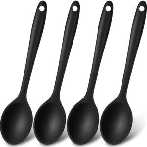 Patelai 4 Pieces Small Multicolored Silicone Spoons Silicone Serving Stirring Spoon for Kitchen Nonstick Cooking Baking Stirring Mixing Tools(Black)