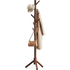 YAMAZAKI Home Freestanding Coat Rack Stand Modern Coat Tree With Wooden Hooks, Standing Coat Hanger For Entryway, Sturdy Weighted Base, Steel, White, Easy Assembly, 70"