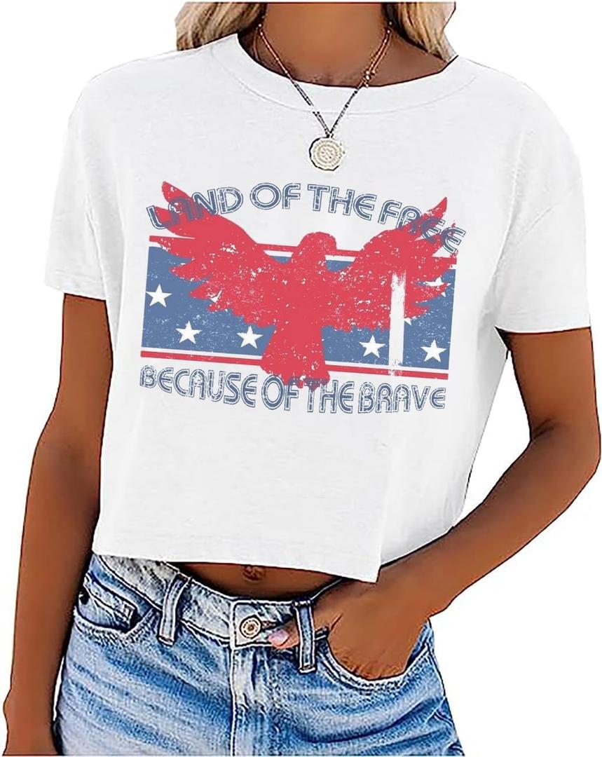 Womens American Flag Crop Tops 4th of July Patriotic Tshirt Casual Short Sleeve Crop Tee Teen Girls Crop Top (X-Small, White)