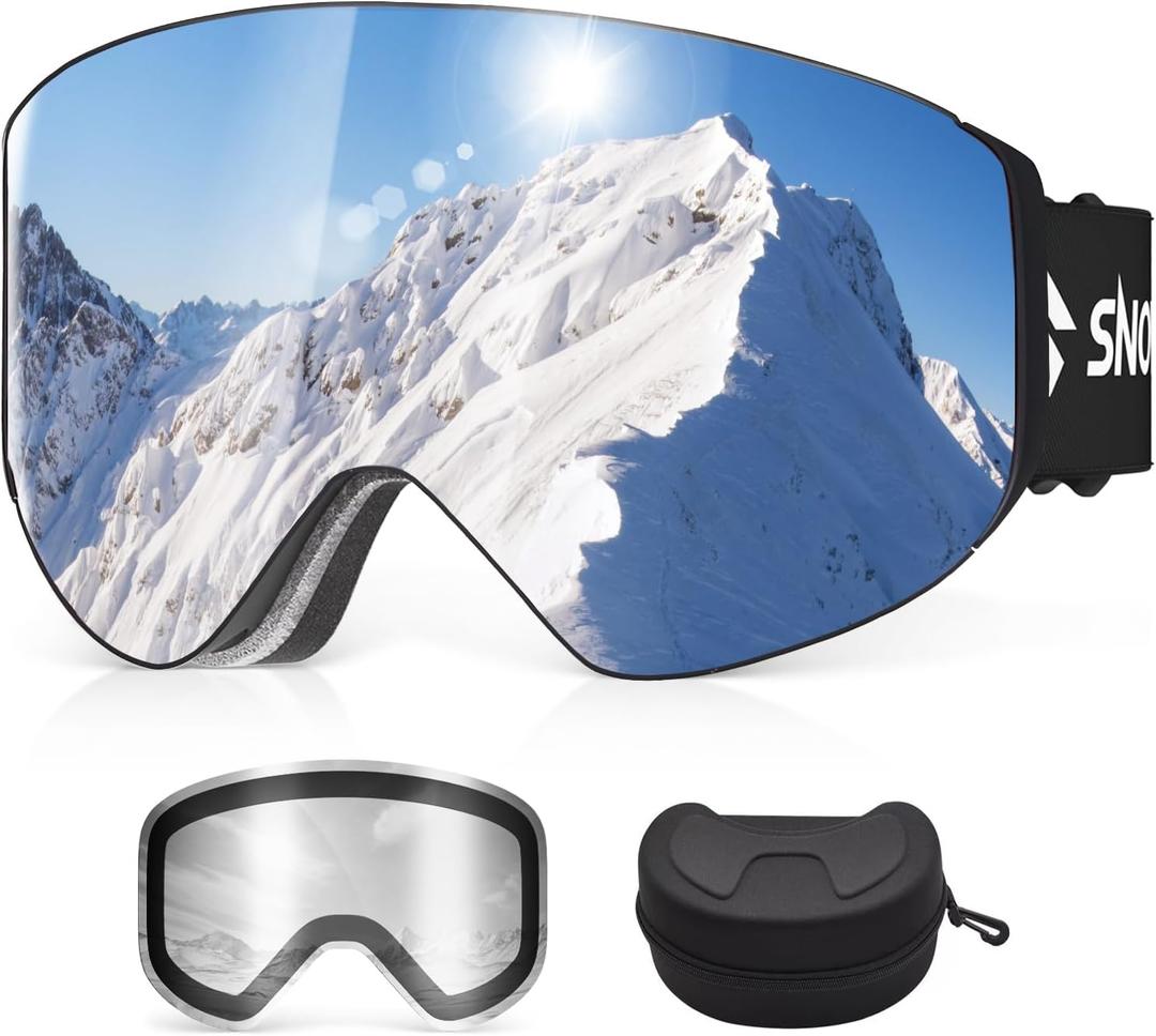 Snowalva Ski Goggles, Snowboard Goggles with 2 UV400 Anti-Fog Detachable Magnet Lenses for Men & Women Adult (Ver.2 Silver(vlt 9%) + Clear (Vlt 83.5%))