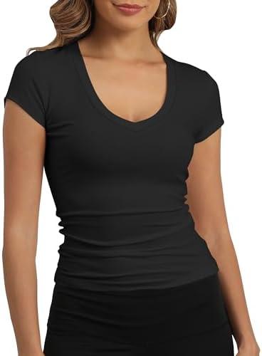 GEMBERA Womens' Stretchy V Neck Short Sleeve Gym Workout Form Fitted Casual Basic Top T-Shirt Size XL