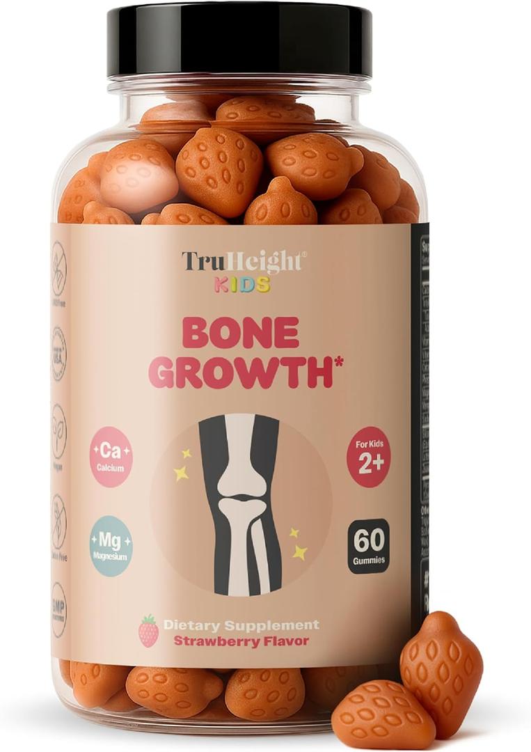 TruHeight Kids Bone Growth Gummies (Strawberry, Ages 2+) All Natural Kids & Toddler Vitamins - Vitamin D, Calcium, K2, Magnesium Multivitamin - Natural Growth & Development, Builds Strong Bones, Vegan, BBD 12/2027