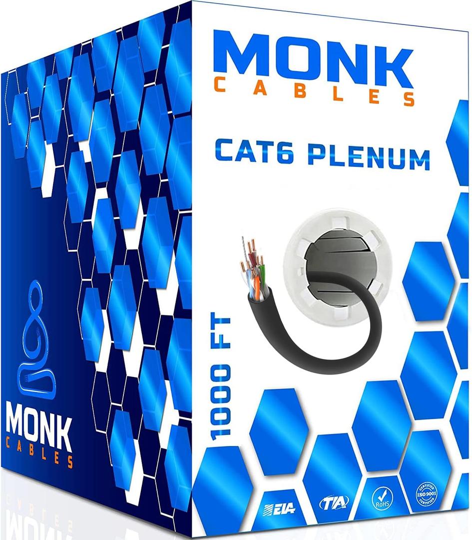 MONK CABLES | CAT6 Plenum Cable 1000ft | UTP, 23AWG, 550MHz | DSX-8000 Certified | Most Certified Cable of The Whole Market (Black)