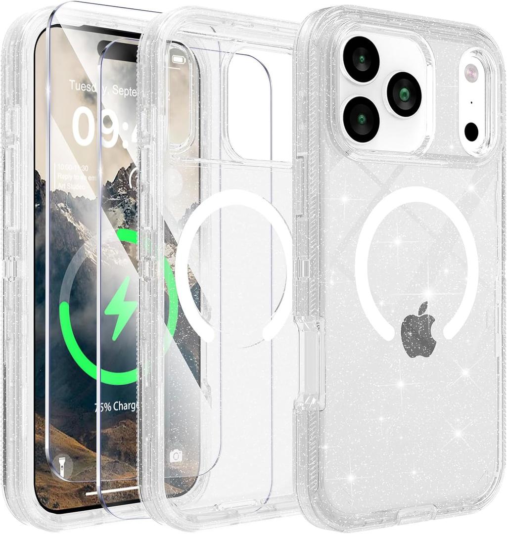TUTUKII Compatible with iPhone 17 Pro Case with Screen Protector, Shockproof, Compatible with MagSafe, 3-Layer Drop Protection, Heavy Duty Magnetic Phone Case Cover, 6.3", Clear Glitter