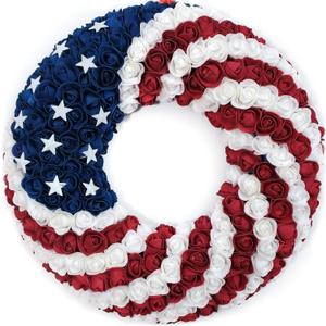 18Inch Patriotic Roses Wreath, 4th of July Summer Soft Touch Foam Roses Wreath for The Front Door, Handcrafted Memorial Day Artificial Flowers for Indoor and Outdoor