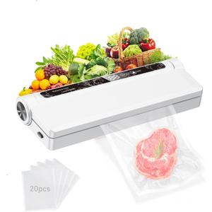 Vacuum Sealer Machine for Food, 75KPA Strong Suction, Moist/Dry Modes, 20 Vacuum Seal Bags for Food, Digital Countdown Timer, Compact Lightweight,with Starter Kits(White)