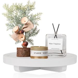 Round Decorative Tray Wood Bathroom Counter Organizer Farmhouse Kitchen Decor Wooden Riser for Soap Dish, Perfume, Candle, Sponge, 8" - White