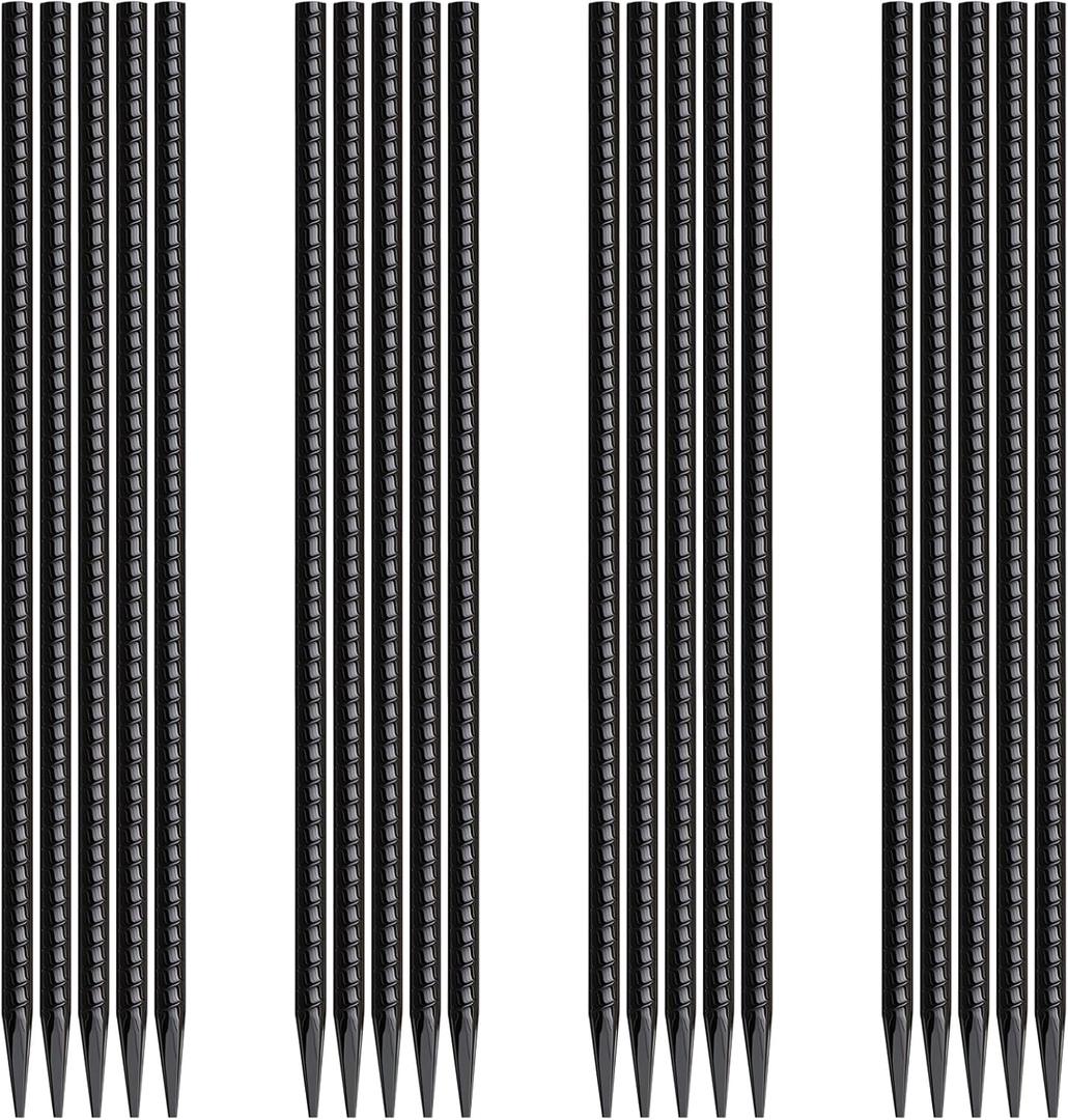 Rebar Stakes 16 Inch 20 Pack Heavy Duty Ground Anchors with Chisel Point End Long Straight Steel Tent Stakes 3/8" Thickness Metal Spikes Black Coated for Concrete Timber Camping Garden Plant