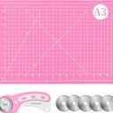 45mm Rotary Cutter and Mat Set, Fabric Cutter Wheel and 12x18 Inch Self Healing Sewing Cutting Mat, Fabric Rotary Cutter with 5pcs Rotary Blades for Quilting Patchworking Crafts, Pink
