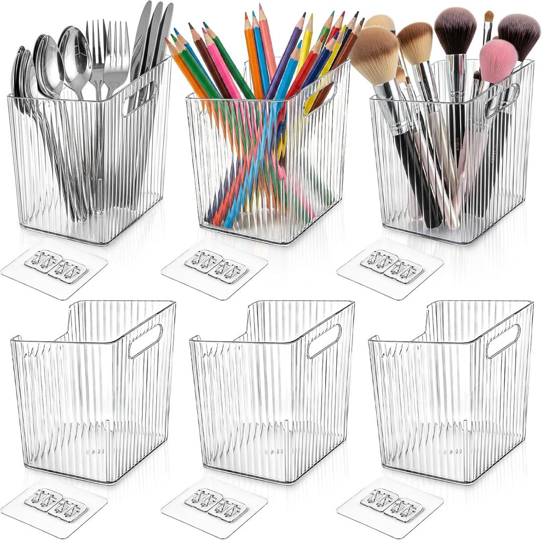 6 Pack Storage Bins Wall Mounted, Plastic Shower Basket Caddy with Self-Adhesive Hooks, Stackable Hanging Bin Storage Organizer Holder for Cabinet, Kitchen, Bathroom, Freezer, Under Sink