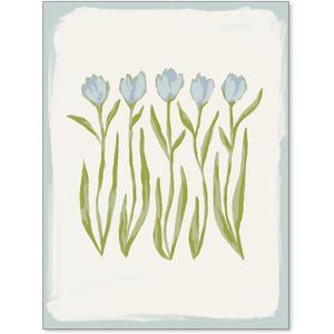 GO-SANTNN Blue and Green Tulip Floral Wall Art Vintage Cute Preppy Botanical Canvas Poster Modern Nature Plant Cottagecore Prints for Living Room Bedroom Wall Decor 12x16 inch Unframed