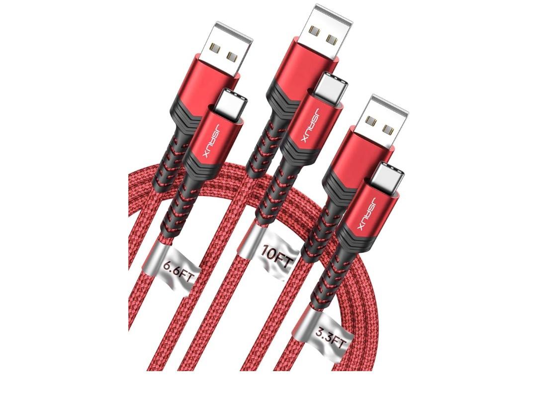 JSAUX USB C Cable Fast Charging, 3-Pack (10ft+6.6ft+3.3ft) USB A to Type C Charge Cord for iPhone 17/17 Pro/17 Pro Max, iPhone 16/16 Pro/16 Pro Max, Samsung Galaxy S21 S20 Note 20, USB C Charger(Red)