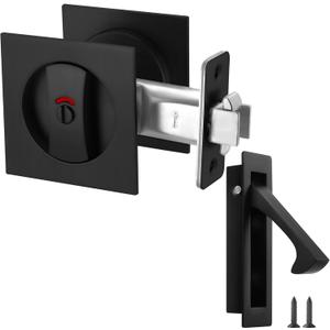 Malimali Pocket Door Lock, Pocket Door Hardware Square Door Lock for Privacy Sliding Door Bifold Door Locks and Pulls Handles Replacement Hardware (Matte Black Set A, Privacy Lock with Indicator)