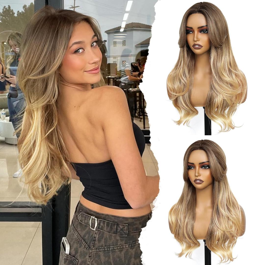 Ombre Blonde Wig 26 Inch Curtain Bangs Wigs for Women Long Wavy Layered Synthetic Wig Pre Cut Lace Glueless Wear and Go Natural Hair Wigs for Daily Party/Halloween Use 26Inch