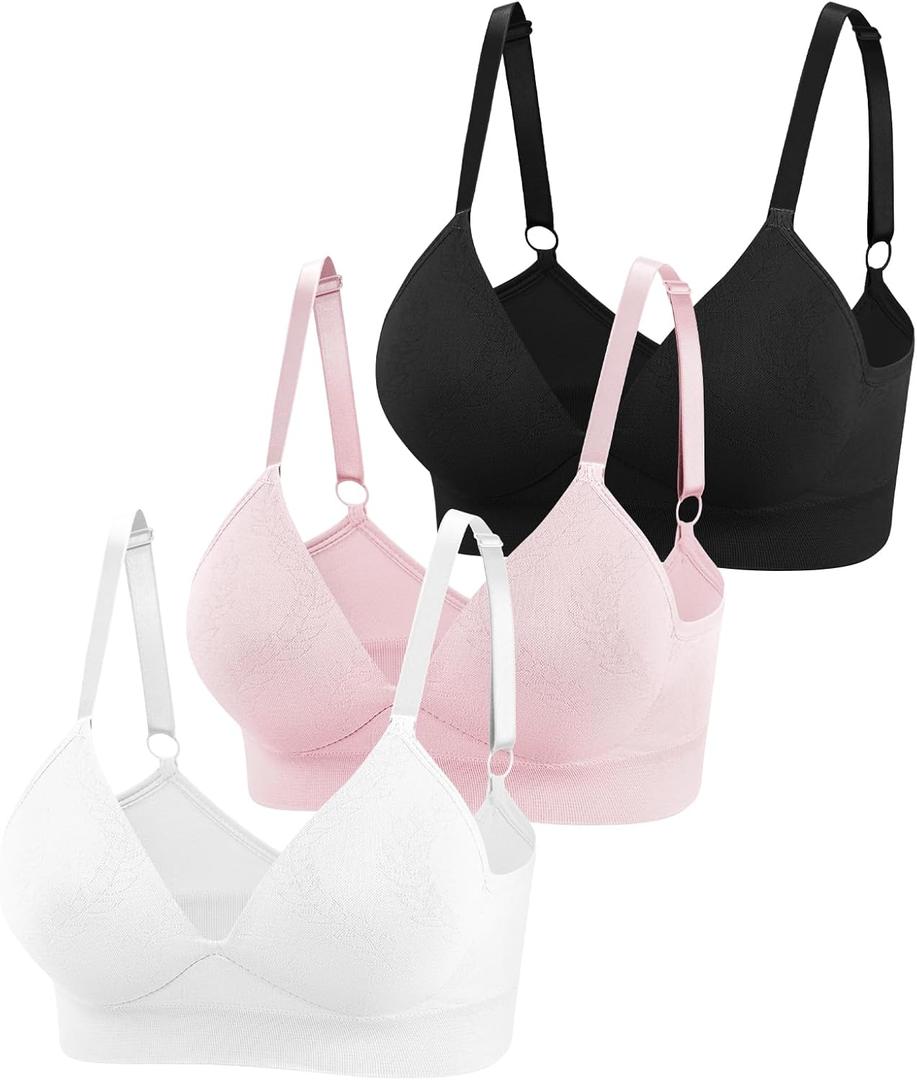 Eleplus 3 Pieces Deep V Wireless Bras for Women Seamless Comfy Bralettes Lightly Lined Multicolors Pack (Large, Black+white+pink)