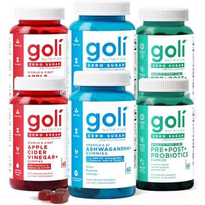 Goli Zero Sugar 6 Pack Bundle - World's First 3-in-1 Pre, Post, Probiotic, Apple Cider Vinegar with Vitamin B12 and Probiotics to Address Bloating, Ashwagandha & L-Theanine, Vitamin D Gummies (EXP 08/05/27)