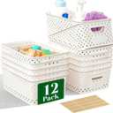 12 Pack Plastic Storage Baskets for Organizing, Storage Baskets for Shelves with Handles, Small Storage Bins with Labels, Organizer Baskets for Cabinet,Closet, Office (Cream White)