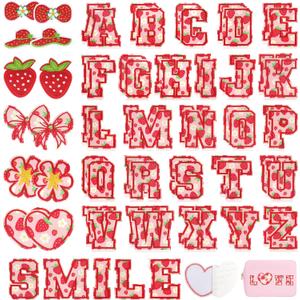 Letter Patches Self-Adhesive for Girls Backpack: Kingsow 64Pcs Strawberry Patch Stickers A-Z Alphabet Applique - Preppy Cute Fabric Letters Patches Stick on Clothing Hats Bags DIY Crafts