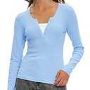 Beaully Women's Long Sleeve Crew Neck V Notch Ribbed Slim Fitted Casual Basic Top 6118 Light Blue Large