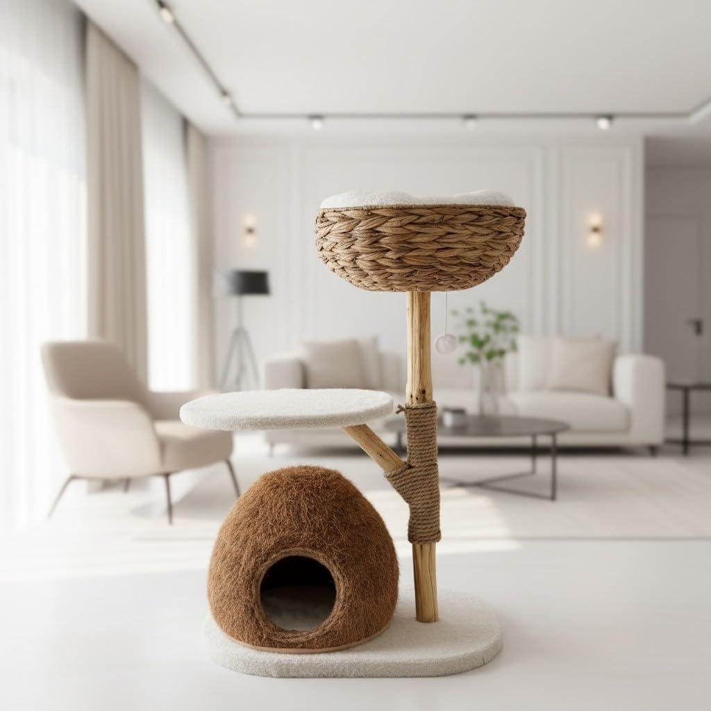 Cat Tree Tower for Large Adult Cats, Real Branch Wood Cat Tree with Natural Coconut House & Rattan Basket, Cat Condo for Indoor Cats, Sisal Scratching Posts, Removable Covers, Soft Pillows, 35" Tall