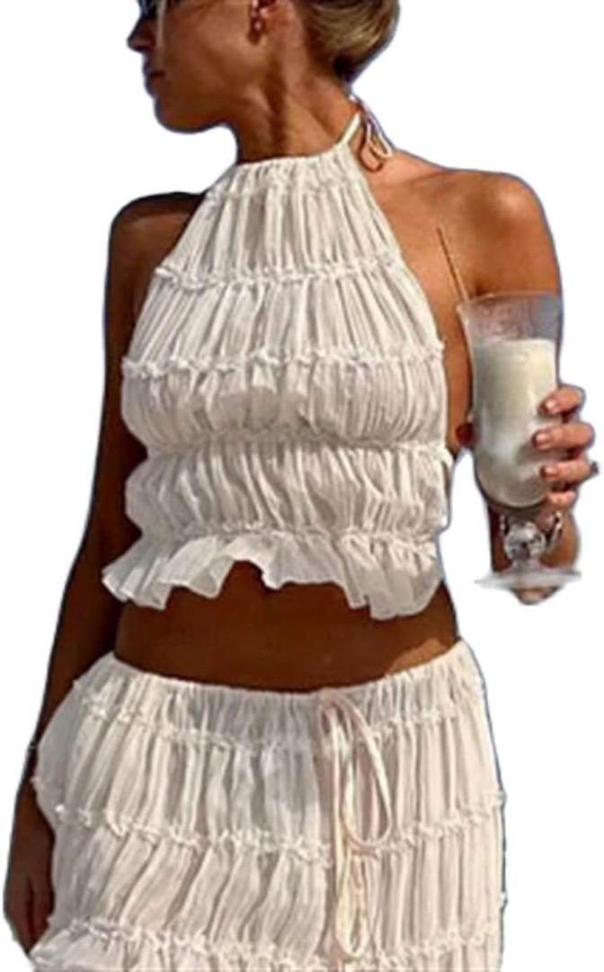 Women Sexy Halter Tops Backless Shirred Smocked Cami Tops Ruched Shirt Y2k Girls Going Out Tops Party Streetwear (Small, White)