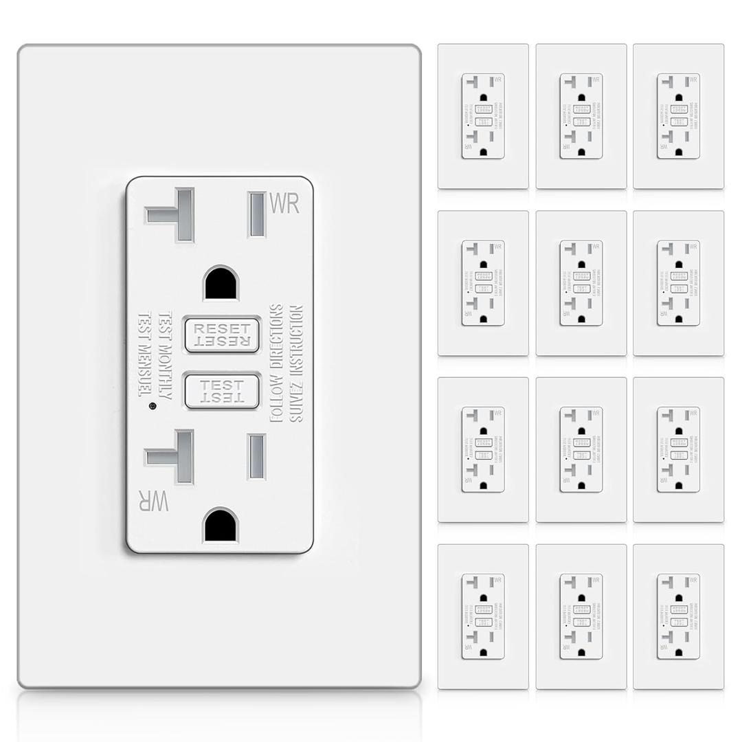 12 Pack Super Slim 20 Amp WR GFCI Outlet, Weather-Resistant, Outdoor 20A GFI Receptacle with LED Indicator, Ground Fault Circuit Interrupter, Screwless Wallplate Included, ETL Listed, White
