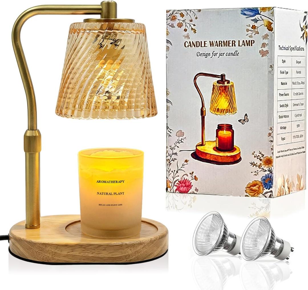 Candle Warmer Lamp with Timer Dimmable, Adjustable Wavy Amber Lamp Candle Warmer for Scented Candles, Housewarming Gift for Spring Home Decor, Women Mom Birthday Gifts with Charming Box & 2 Bulbs