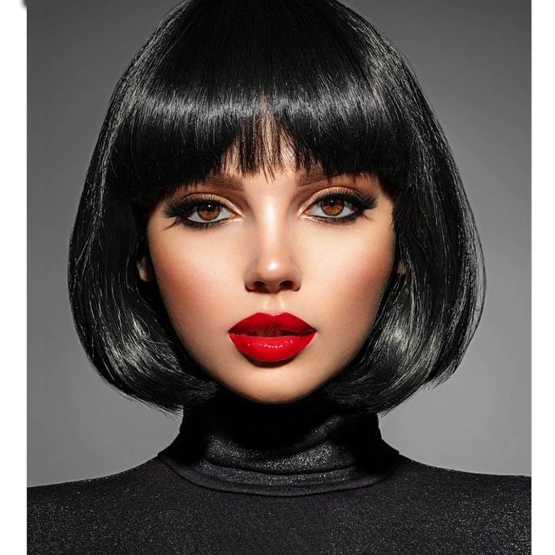 Black Bob Wig With Bangs 12 Inch Short Bob wig for Women Short Bob Wigs Synthetic Fiber Bob Wigs and Halloween Cosplay Wig for Daily Life Colorful Wigs With One Cap (Nature Black) 