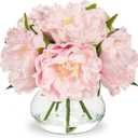 Hollyone Pink Peonies Artificial Flowers with Vase Faux Flowers Peony Fake Flowers Silk Flower Arrangements in Glass Vase with Faux Water for Home Decor Bathroom Table Centerpiece Shelf Decorations
