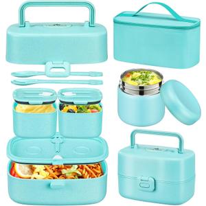 Bento Lunch Box for Kids with 8oz Soup Thermo,2 Leak-Proof Food Containers, a Lunch Bag, Kids Thermo Insulated Hot Food Jar for School, Travel-Green