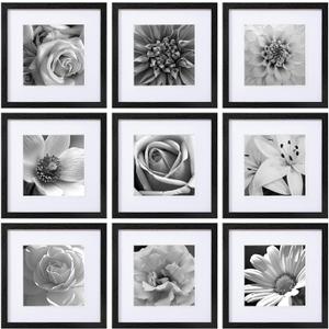eletecpro 12x12 Picture Frames Set of 9 with Clear Acrylic Cover, Display 8x8 Photos with Mat or 12x12 Without, Classic and Sturdy Square Collage Gallery Wall Decor, Easy Wall Mount, Black