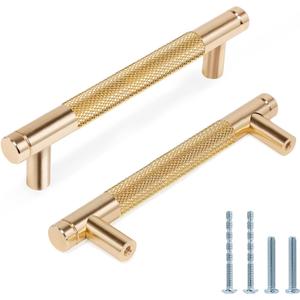 Knurled Cabinet Pulls 12 Pack, 5 Inch Long Cabinet Handles Metal Door Pulls, Kitchen Drawer Pull Knurled Dresser Handles - 3 3/4" Hole to Hole, Golden