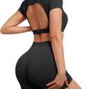 SUUKSESS Open Back Short Sleeve Scrunch Butt Booty Shorts Seamless Ribbed Workout Sets 2 Piece Outfits (Medium, #1 Black)