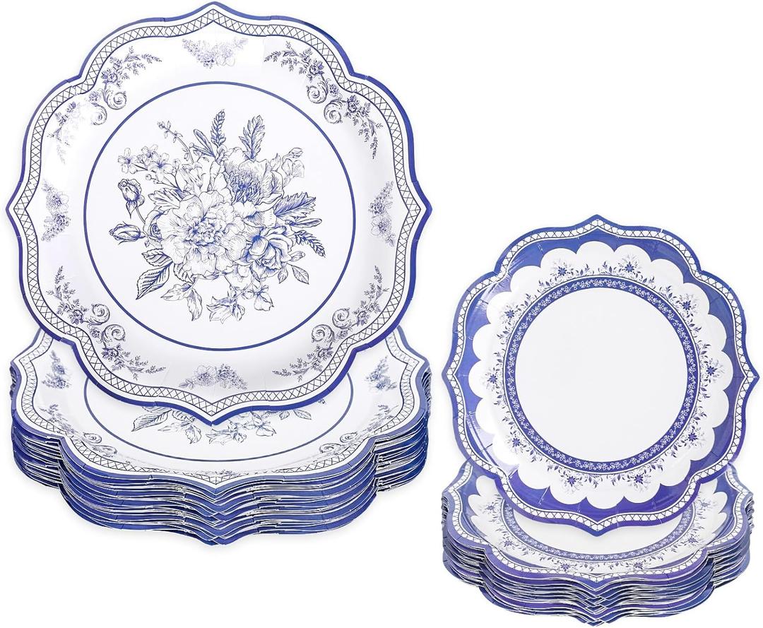 40 Pcs Paper Plates Chinoiserie Flower Scalloped Paper Plates 7 & 10 Inch Blue White Floral Disposable Plates for Wedding Birthday Spring Summer Party Table Supplies