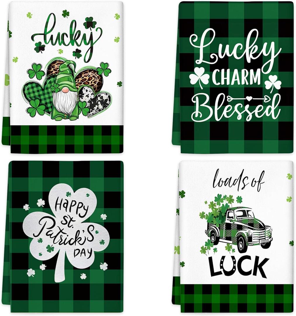 St. Patricks Day Kitchen Towels Set of 4 - Green Buffalo Plaid Shamrock Dish Cloths Hand Towels for Holiday Home Decor, Cooking Drying, 16x24 Inch St Patricks Day Decorations Lucky Irish Gnome Design